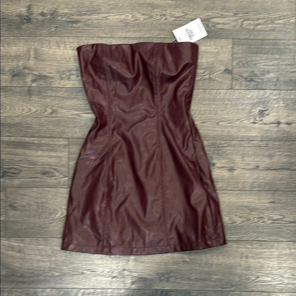 Leather Burgundy Strapless Dress - Picture 2 of 4
